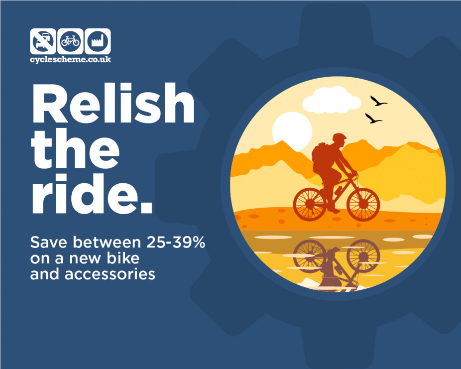 Relish the ride - general scheme promotion eflyer showing the savings on a new bike and accessories as well as a cartoon of a cyclist riding in the sunset