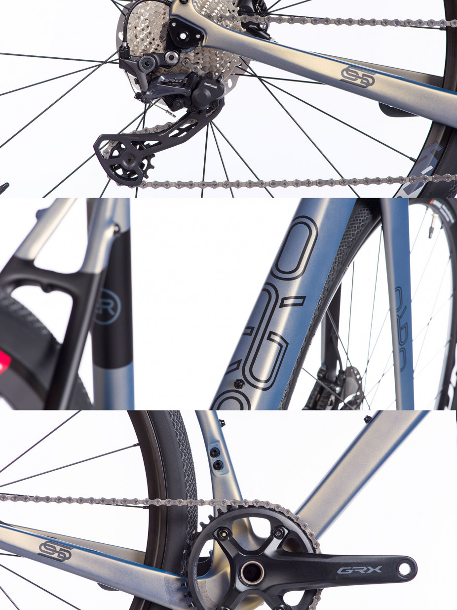 Collage of the new 1x Terra C carbon fibre bike in the matte blue colour-way