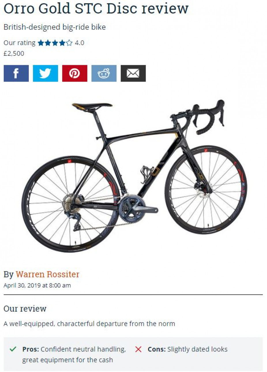 Screenshot of the Bike Radar review on Orro's Gold STC Disc Road Bike