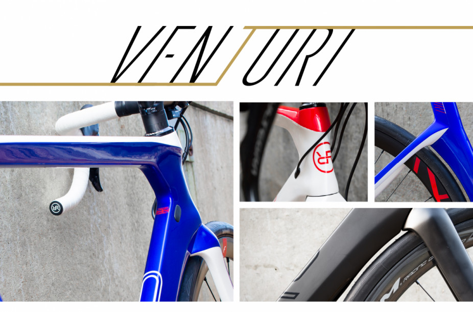 Venturi logo with a collage of detail shots of the Venturi Aero Road Disc Bike