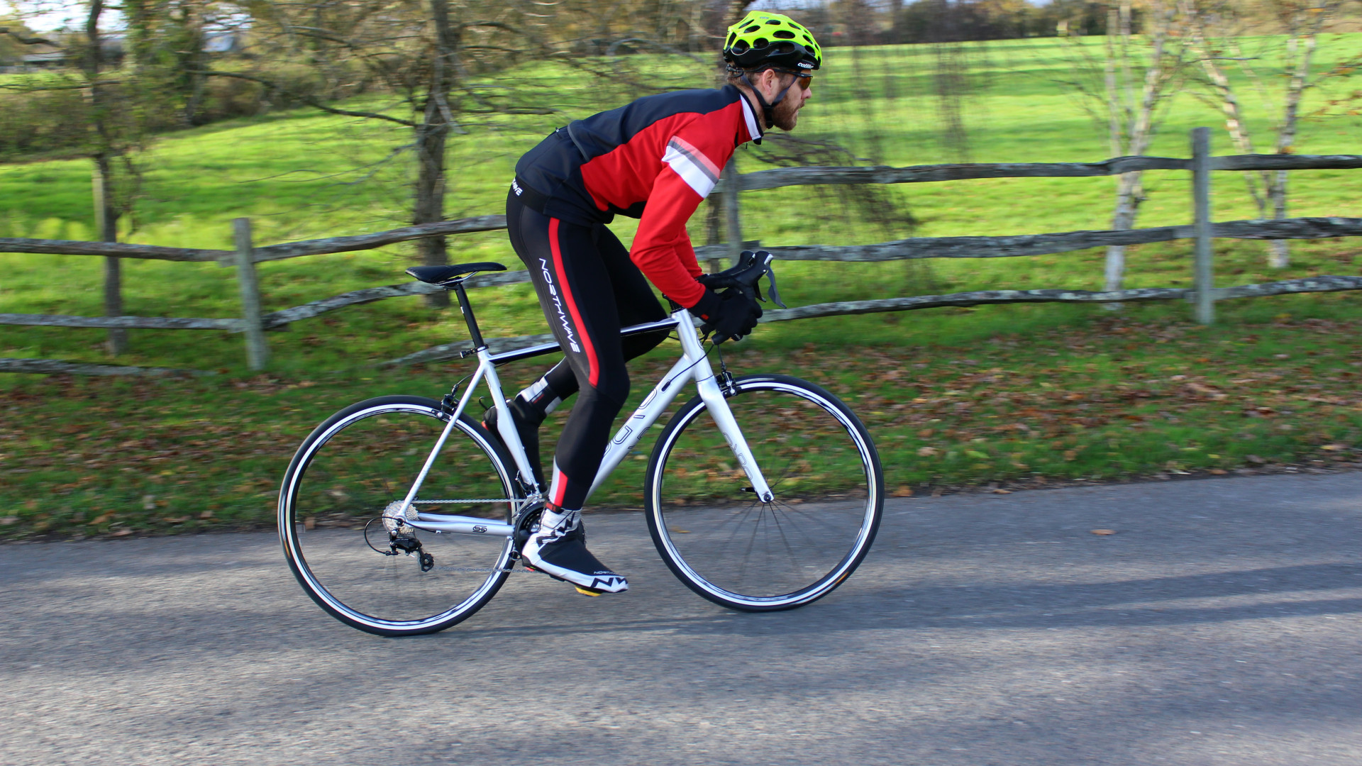 Male cyclist riding his Orro Bike on the Steyning Bostal Strava route with his cycling gear on